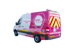 Lanes Group PLC branded van with mounted CCTV Survey equipment pictured from behind