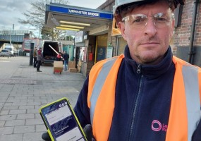 Lanes Rail Team Leader James Gooch with his Team Leaf enabled phone. Helping him and his colleagues carry out maintenance across the London Underground network.